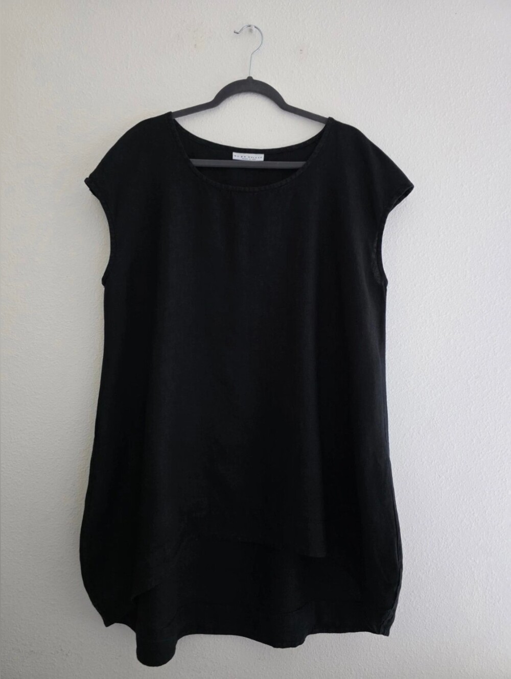 Bryn Walker Dress /Tunic Linen Boat Neck Cap Sleeves Hi-Low in Black Sz XL